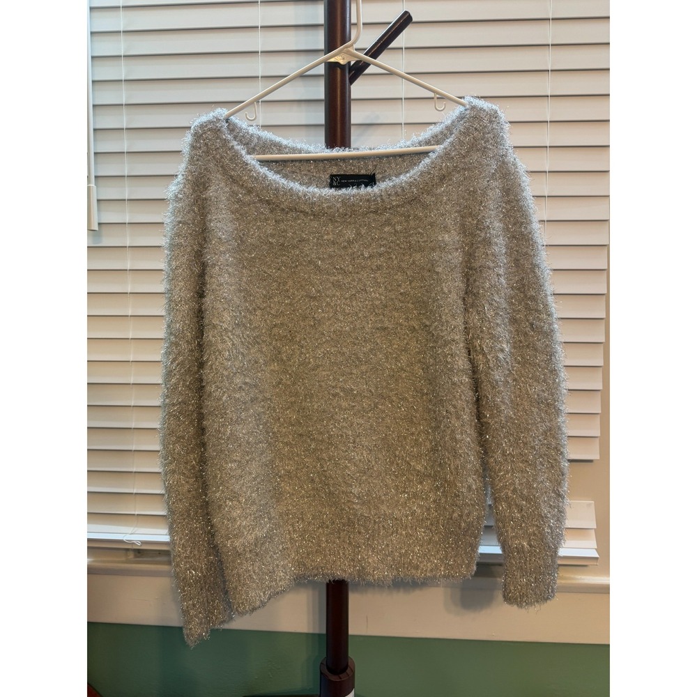 New York & Company Metallic Tinsel Sweater L Silver Fuzzy Long Sleeve NY&C